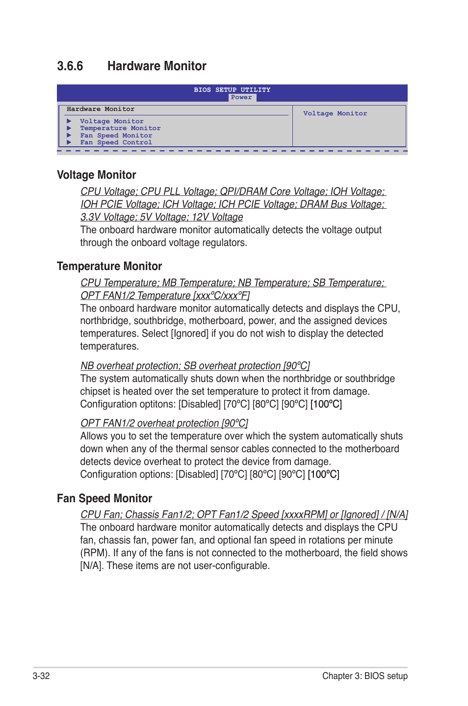 6 hardware monitor, Hardware monitor -32, Voltage monitor | Temperature monitor, Fan speed monitor | Asus Rampage II Gene User Manual | Page 102 / 176