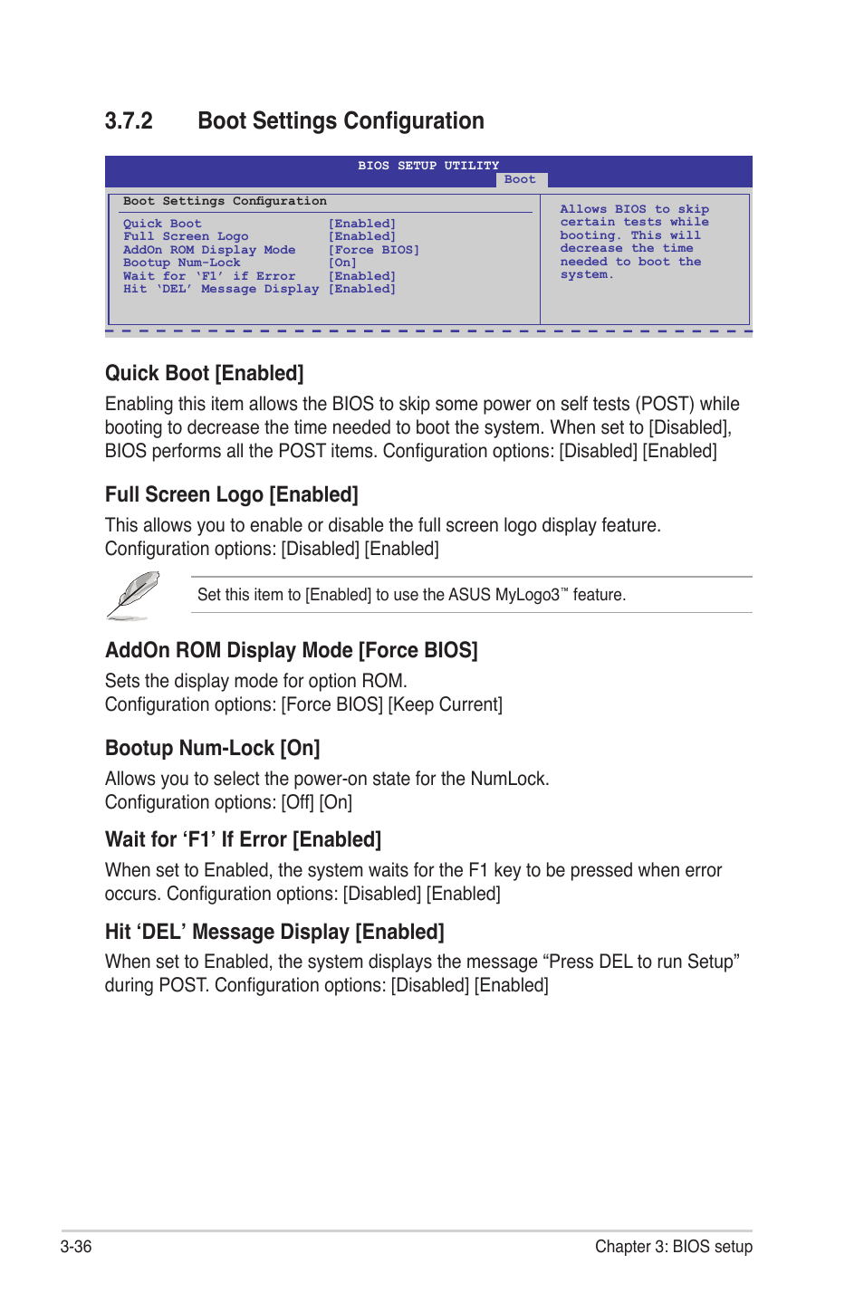 2 boot settings configuration, Boot settings configuration -36, Quick boot [enabled | Full screen logo [enabled, Addon rom display mode [force bios, Bootup num-lock [on, Wait for ‘f1’ if error [enabled, Hit ‘del’ message display [enabled | Asus Rampage II Gene User Manual | Page 106 / 176