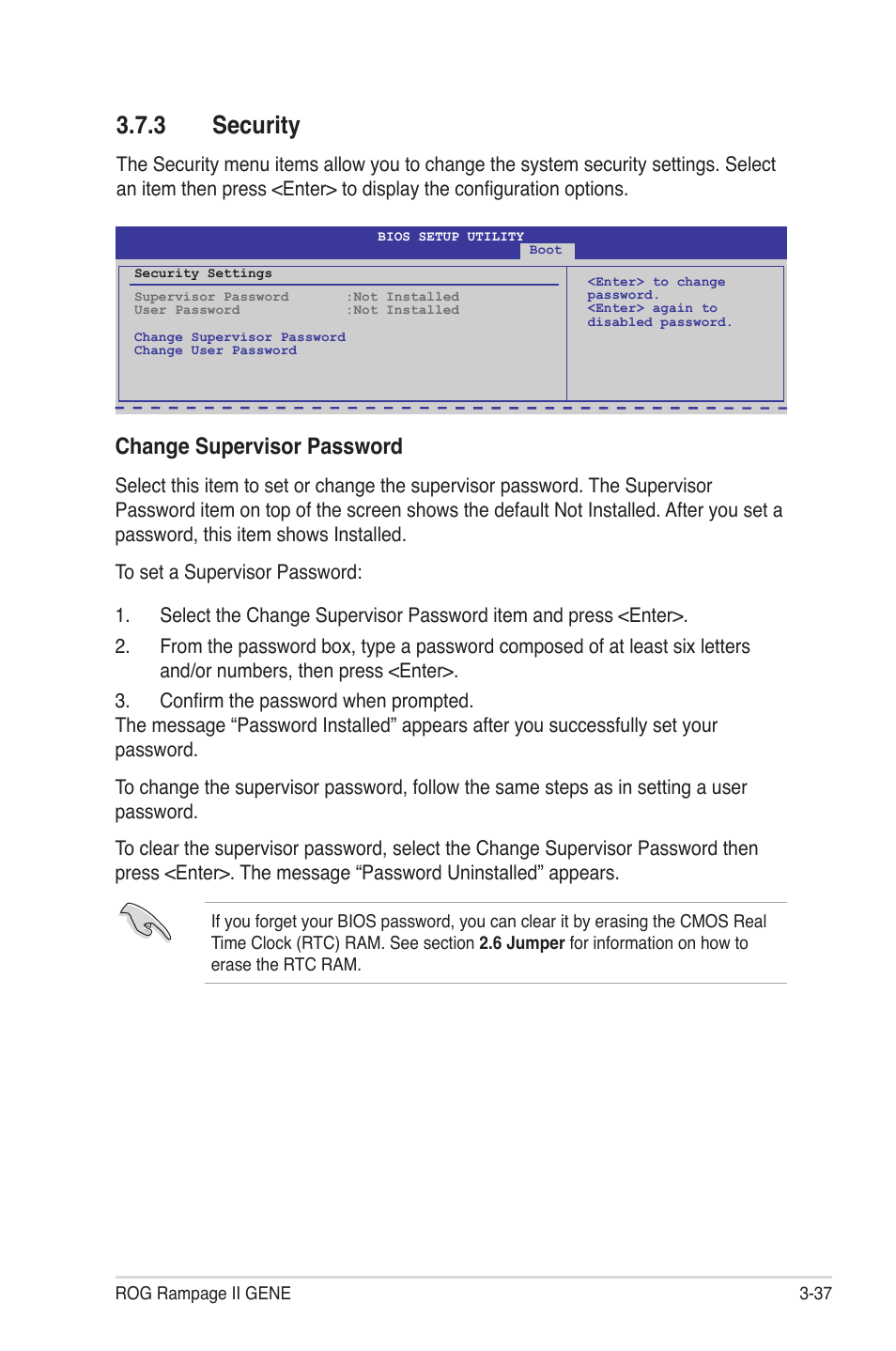 3 security, Security -37, Change supervisor password | Asus Rampage II Gene User Manual | Page 107 / 176