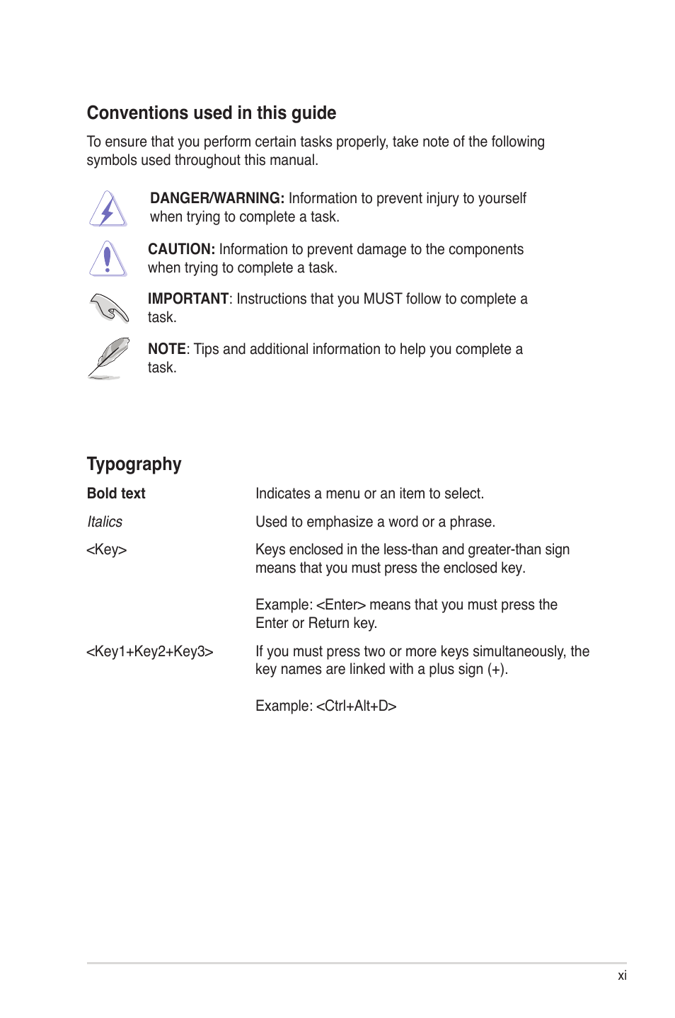 Conventions used in this guide, Typography | Asus Rampage II Gene User Manual | Page 11 / 176