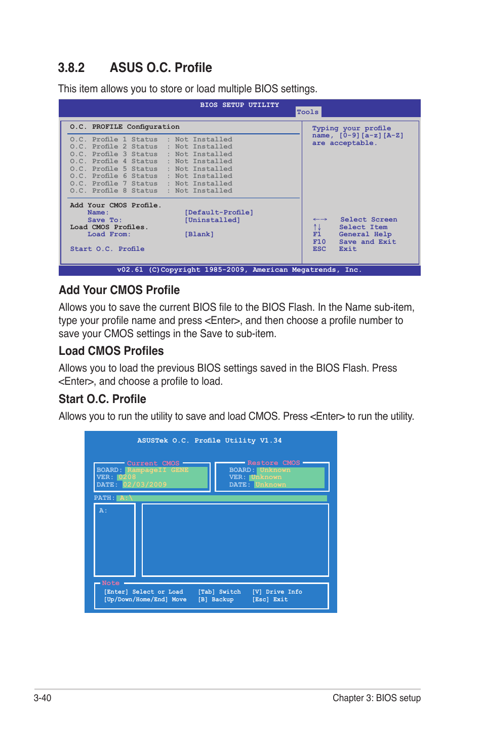 2 asus o.c. profile, Asus o.c. profile -40, Add your cmos profile | Load cmos profiles, Start o.c. profile | Asus Rampage II Gene User Manual | Page 110 / 176