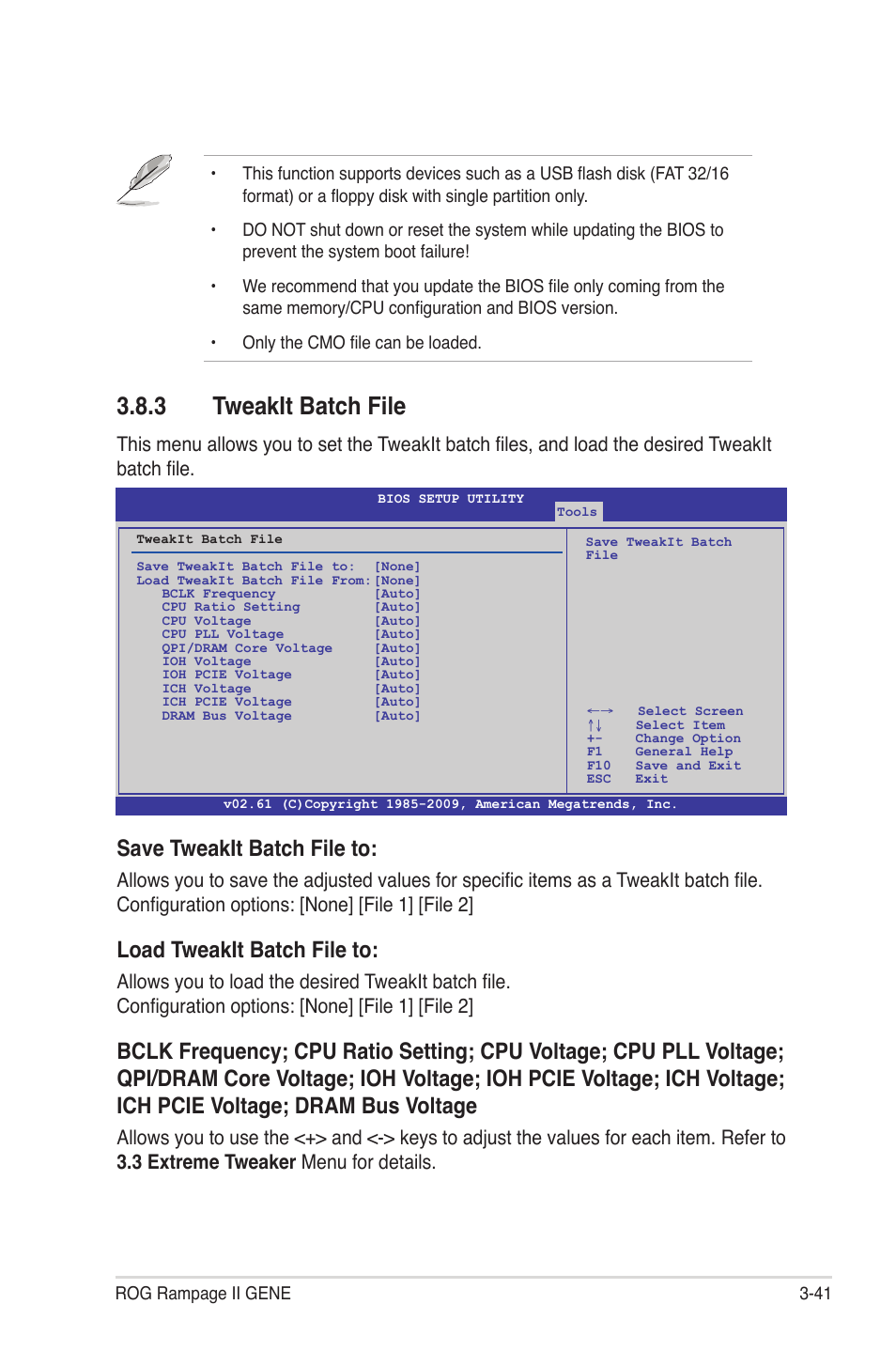 3 tweakit batch file, Tweakit batch file -41, Save tweakit batch file to | Load tweakit batch file to | Asus Rampage II Gene User Manual | Page 111 / 176