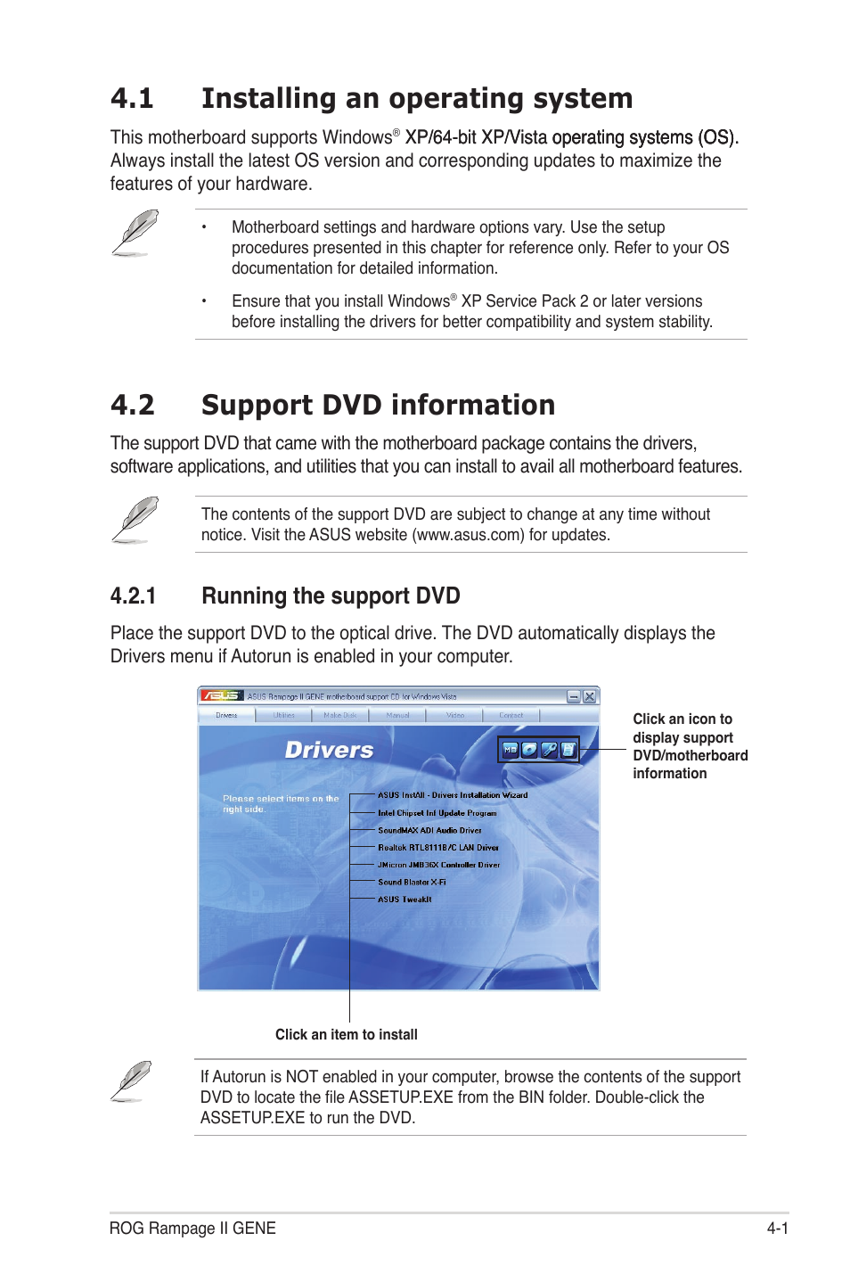 1 installing an operating system, 2 support dvd information, 1 running the support dvd | Installing an operating system -1, Support dvd information -1 4.2.1, Running the support dvd -1 | Asus Rampage II Gene User Manual | Page 117 / 176