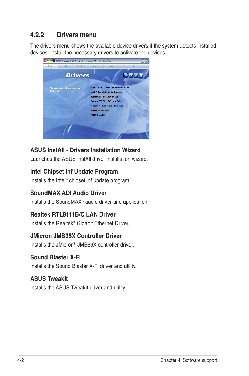 2 drivers menu, Drivers menu -2 | Asus Rampage II Gene User Manual | Page 118 / 176