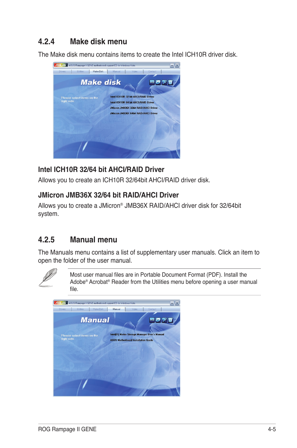 4 make disk menu, 5 manual menu, Make disk menu -5 | Manual menu -5 | Asus Rampage II Gene User Manual | Page 121 / 176