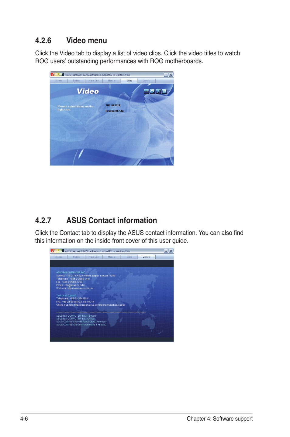 6 video menu, 7 asus contact information, Video menu -6 | Asus contact information -6 | Asus Rampage II Gene User Manual | Page 122 / 176