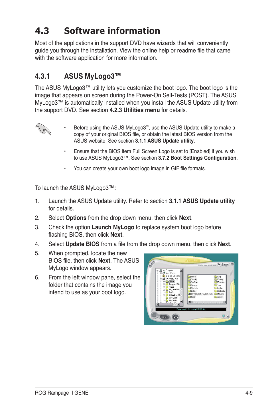 3 software information, 1 asus mylogo3, Software information -9 4.3.1 | Asus mylogo3™ -9 | Asus Rampage II Gene User Manual | Page 125 / 176