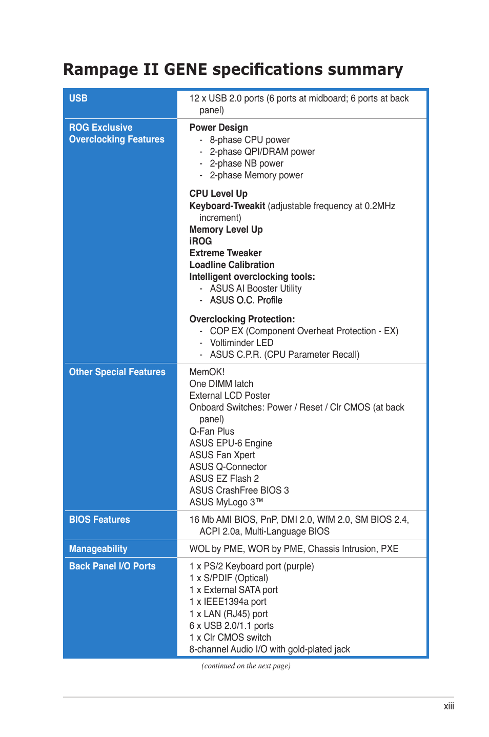 Rampage ii gene specifications summary | Asus Rampage II Gene User Manual | Page 13 / 176