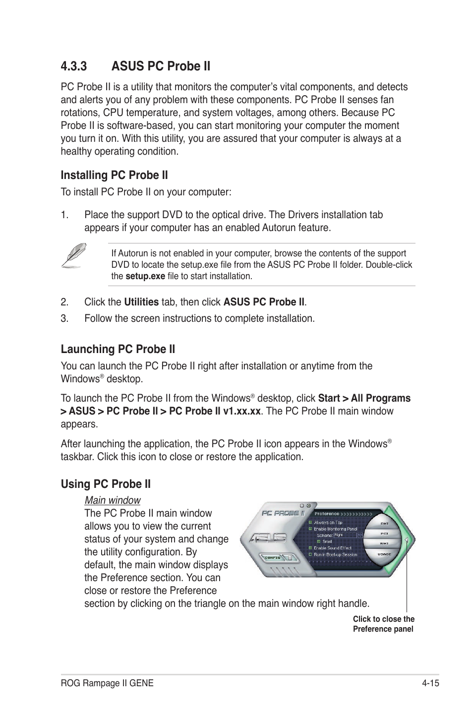 3 asus pc probe ii, Asus pc probe ii -15, Installing pc probe ii | Launching pc probe ii, Using pc probe ii | Asus Rampage II Gene User Manual | Page 131 / 176