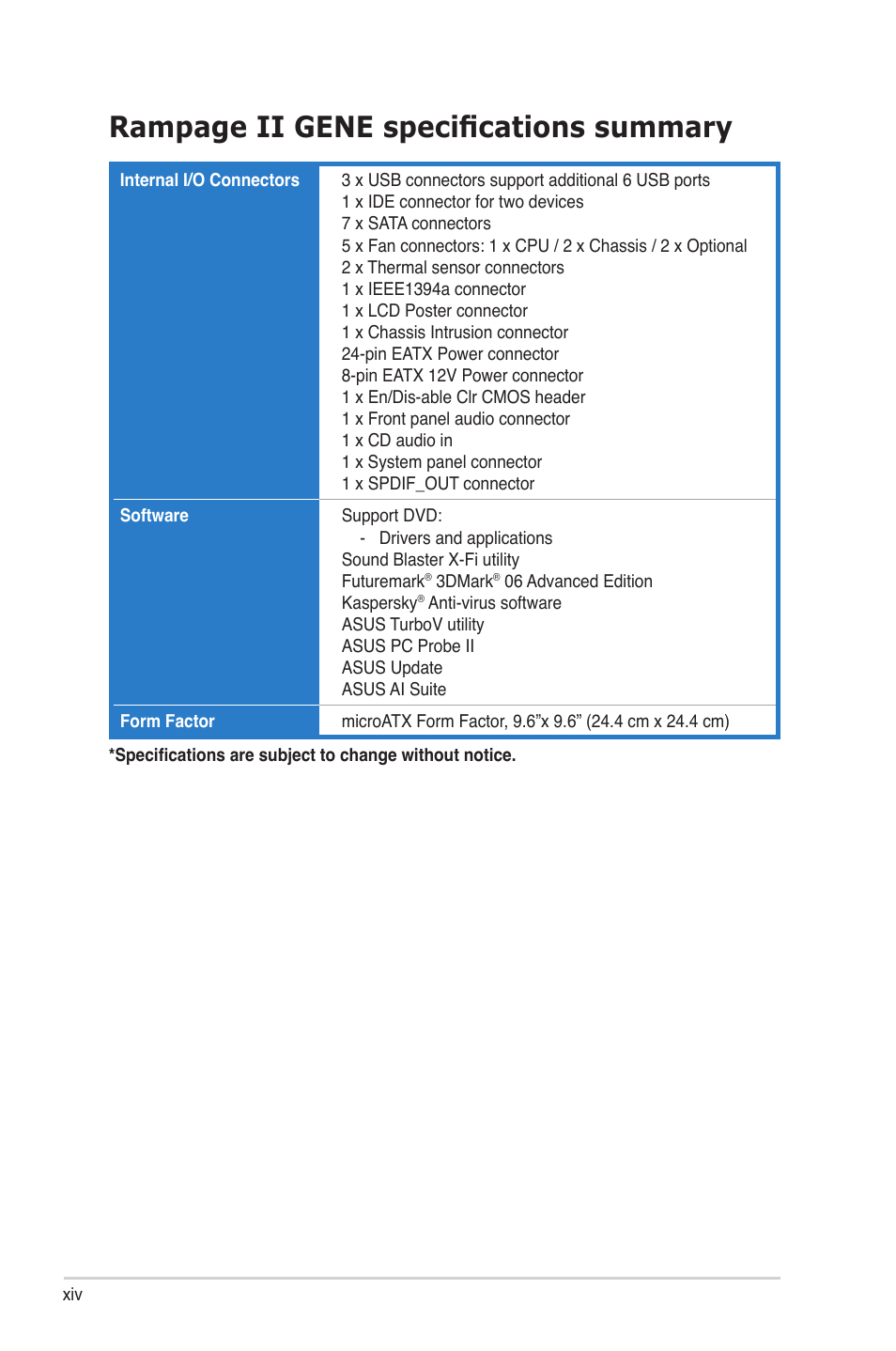 Rampage ii gene specifications summary | Asus Rampage II Gene User Manual | Page 14 / 176