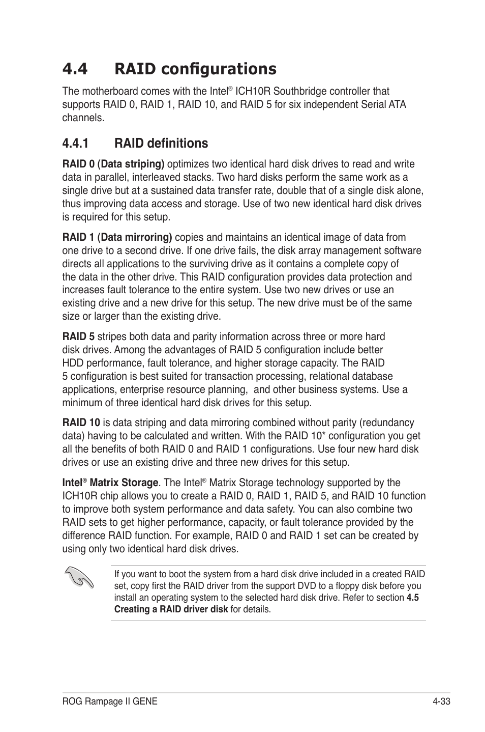4 raid configurations, 1 raid definitions, Raid configurations -33 4.4.1 | Raid definitions -33 | Asus Rampage II Gene User Manual | Page 149 / 176