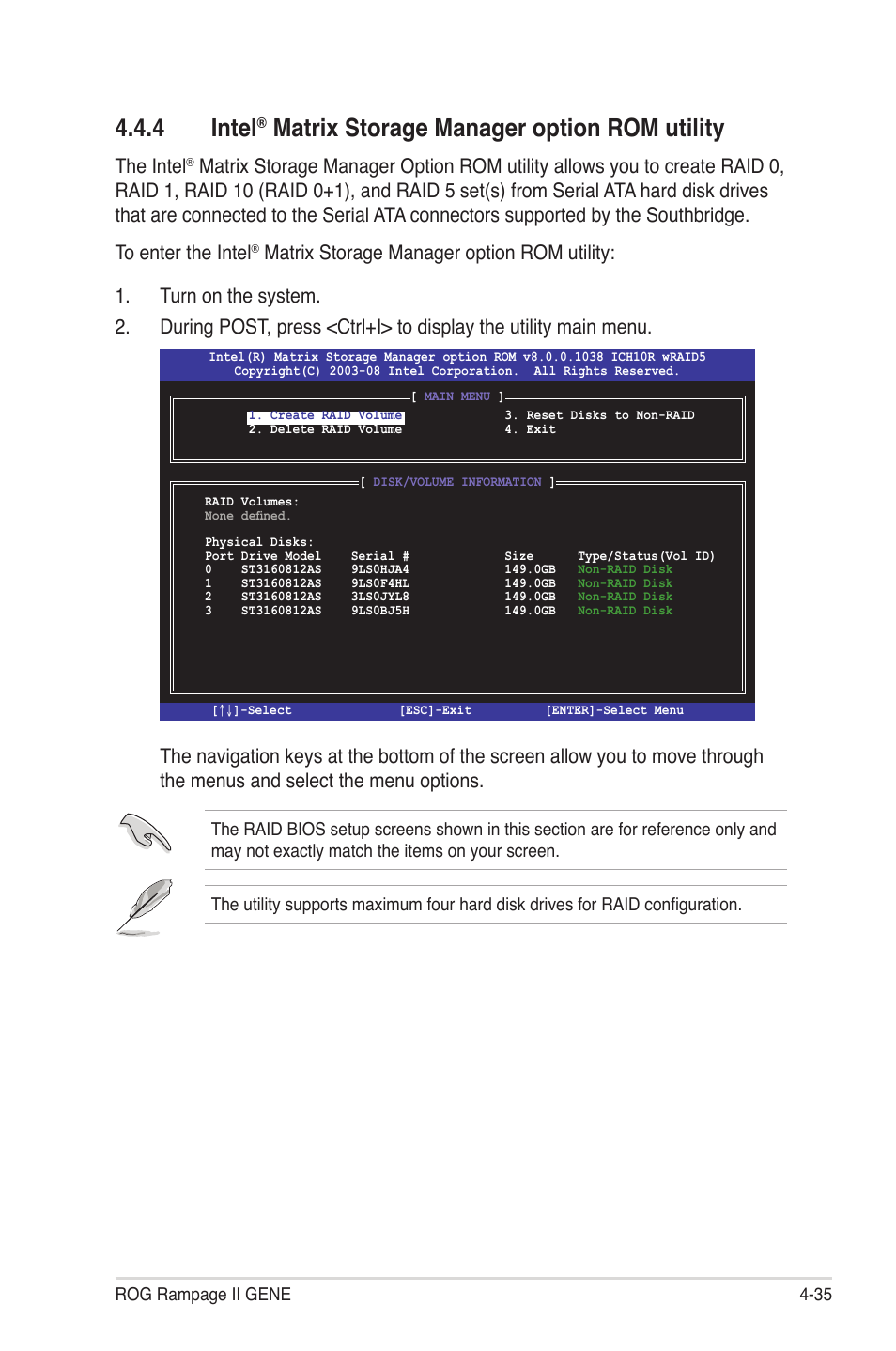 4 intel® matrix storage manager option rom utility, Intel, Matrix storage manager option rom utility -35 | 4 intel, Matrix storage manager option rom utility, The intel | Asus Rampage II Gene User Manual | Page 151 / 176