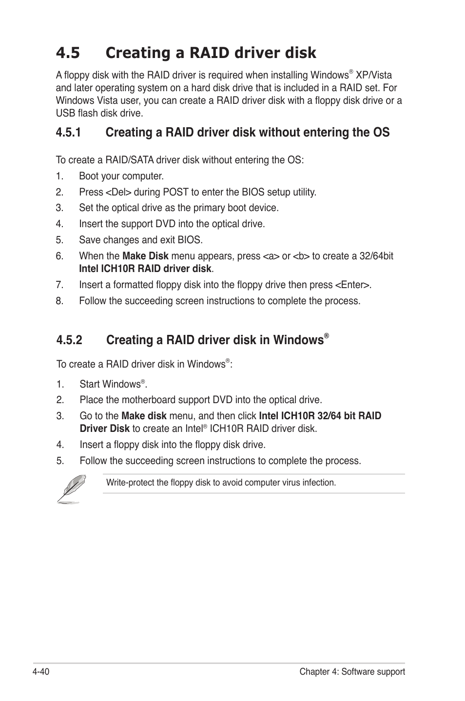 5 creating a raid driver disk, 2 creating a raid driver disk in windows, Creating a raid driver disk -40 4.5.1 | Creating a raid driver disk in windows | Asus Rampage II Gene User Manual | Page 156 / 176
