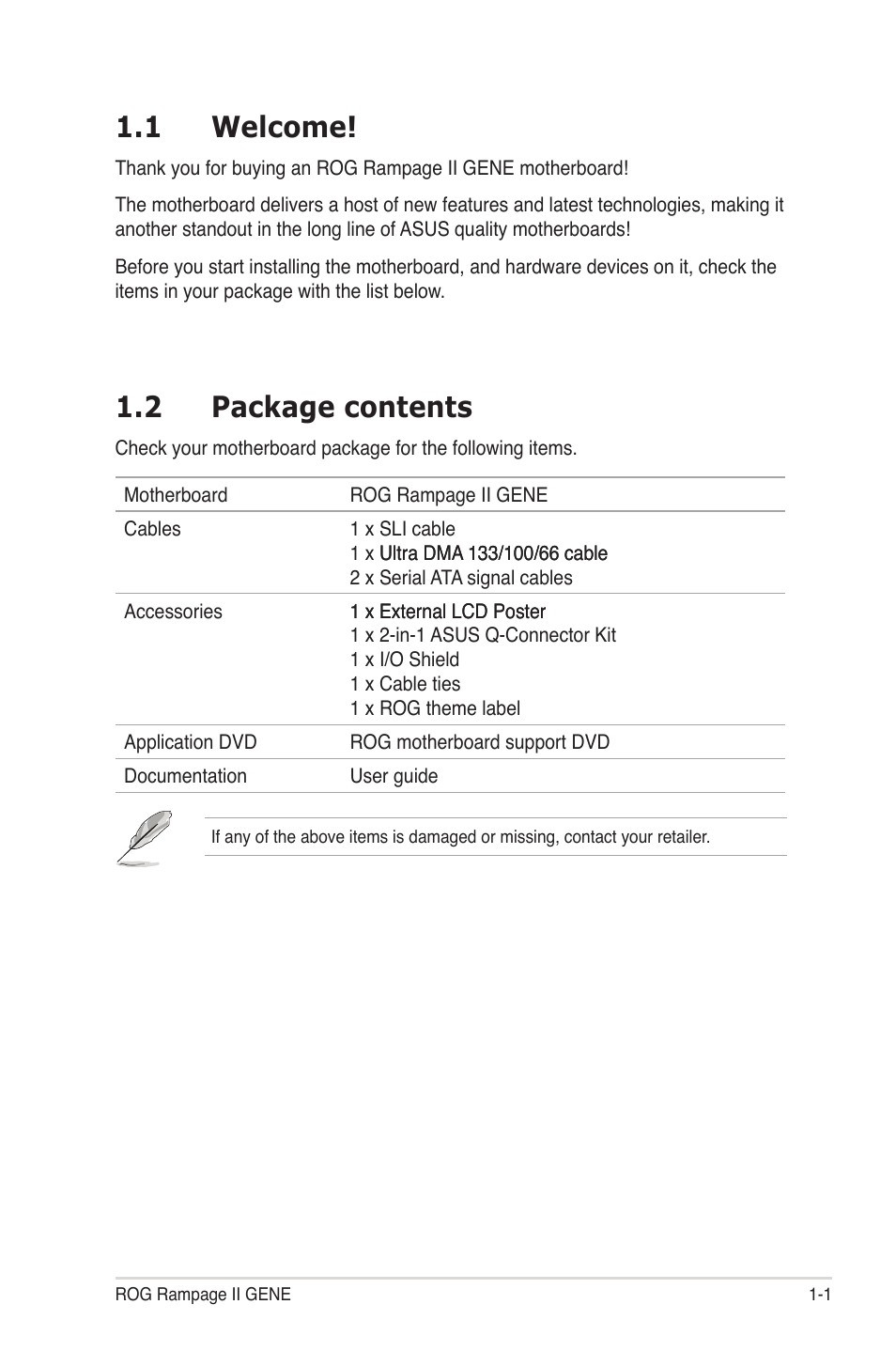 1 welcome, 2 package contents, Welcome! -1 | Package contents -1 | Asus Rampage II Gene User Manual | Page 17 / 176