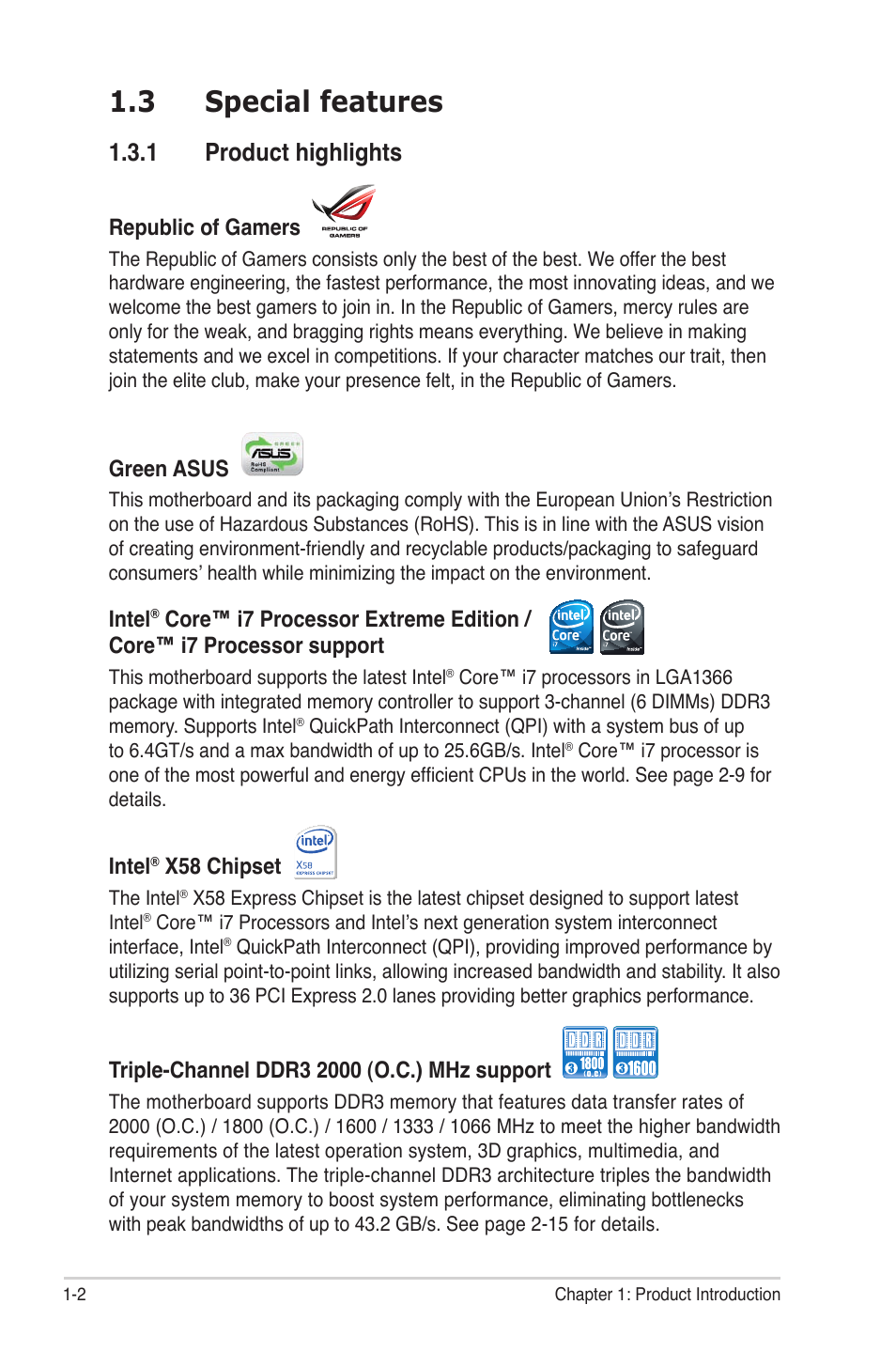 3 special features, 1 product highlights, Special features -2 1.3.1 | Product highlights -2 | Asus Rampage II Gene User Manual | Page 18 / 176