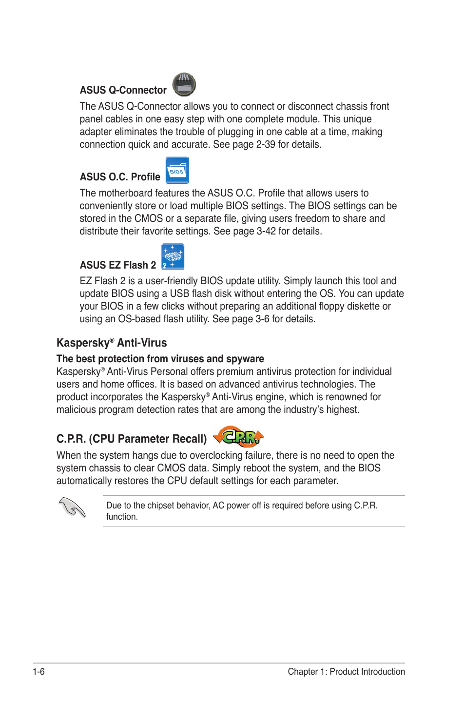 Kaspersky, Anti-virus, C.p.r. (cpu parameter recall) | Asus Rampage II Gene User Manual | Page 22 / 176