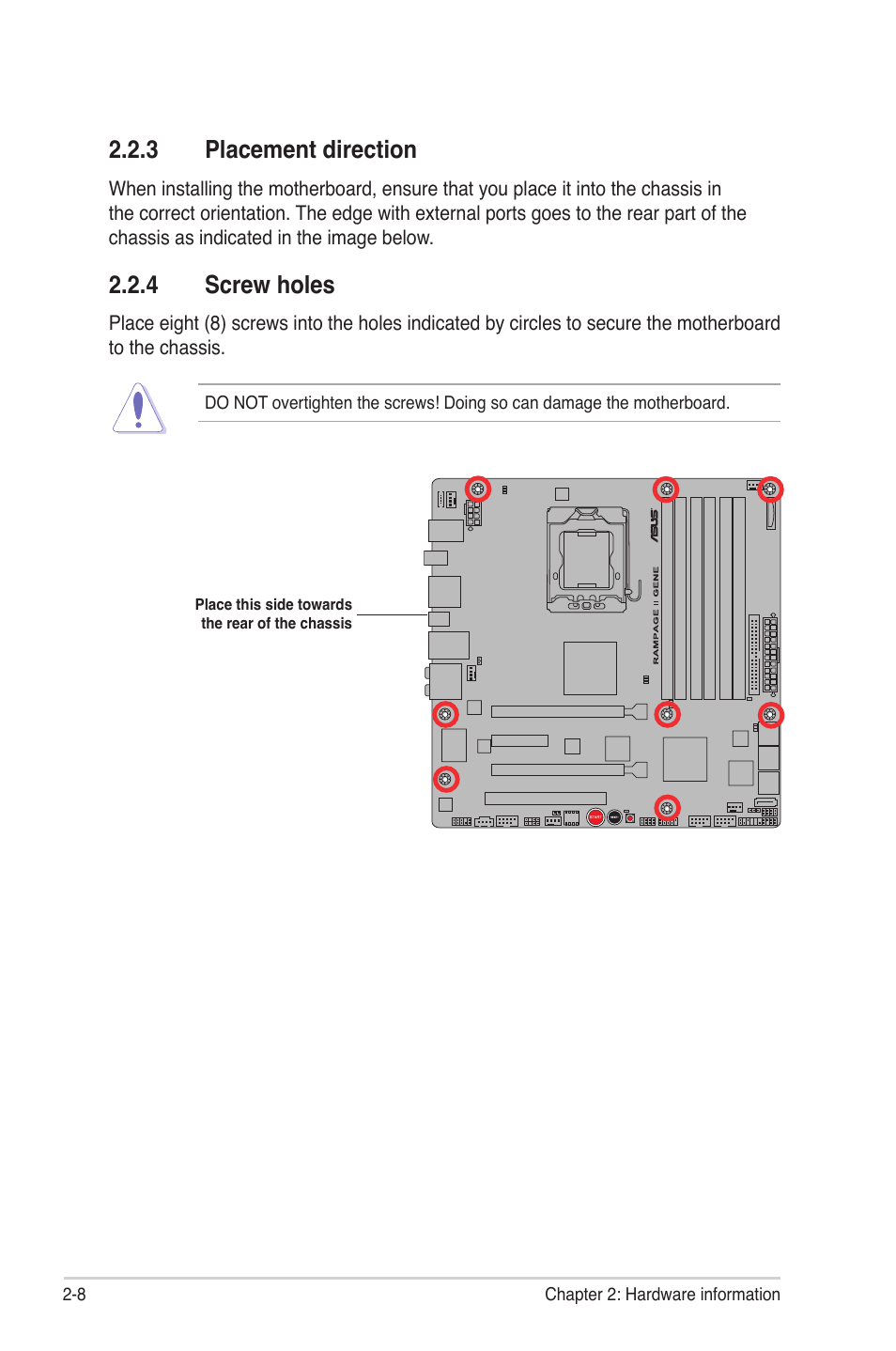3 placement direction, 4 screw holes, Placement direction -8 | Screw holes -8 | Asus Rampage II Gene User Manual | Page 32 / 176