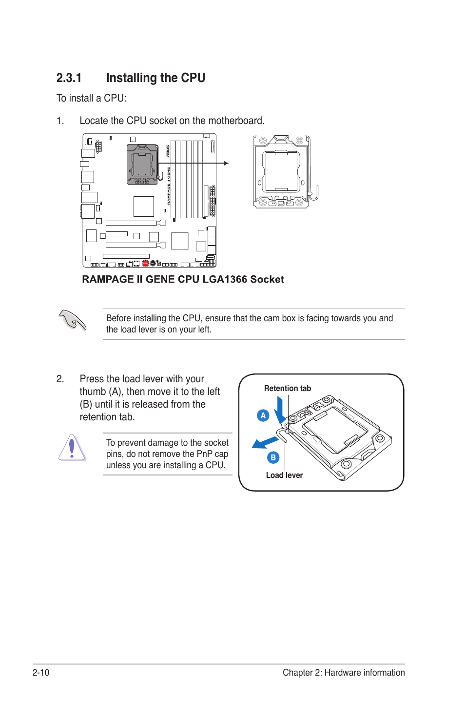 1 installing the cpu, Installing the cpu -10 | Asus Rampage II Gene User Manual | Page 34 / 176