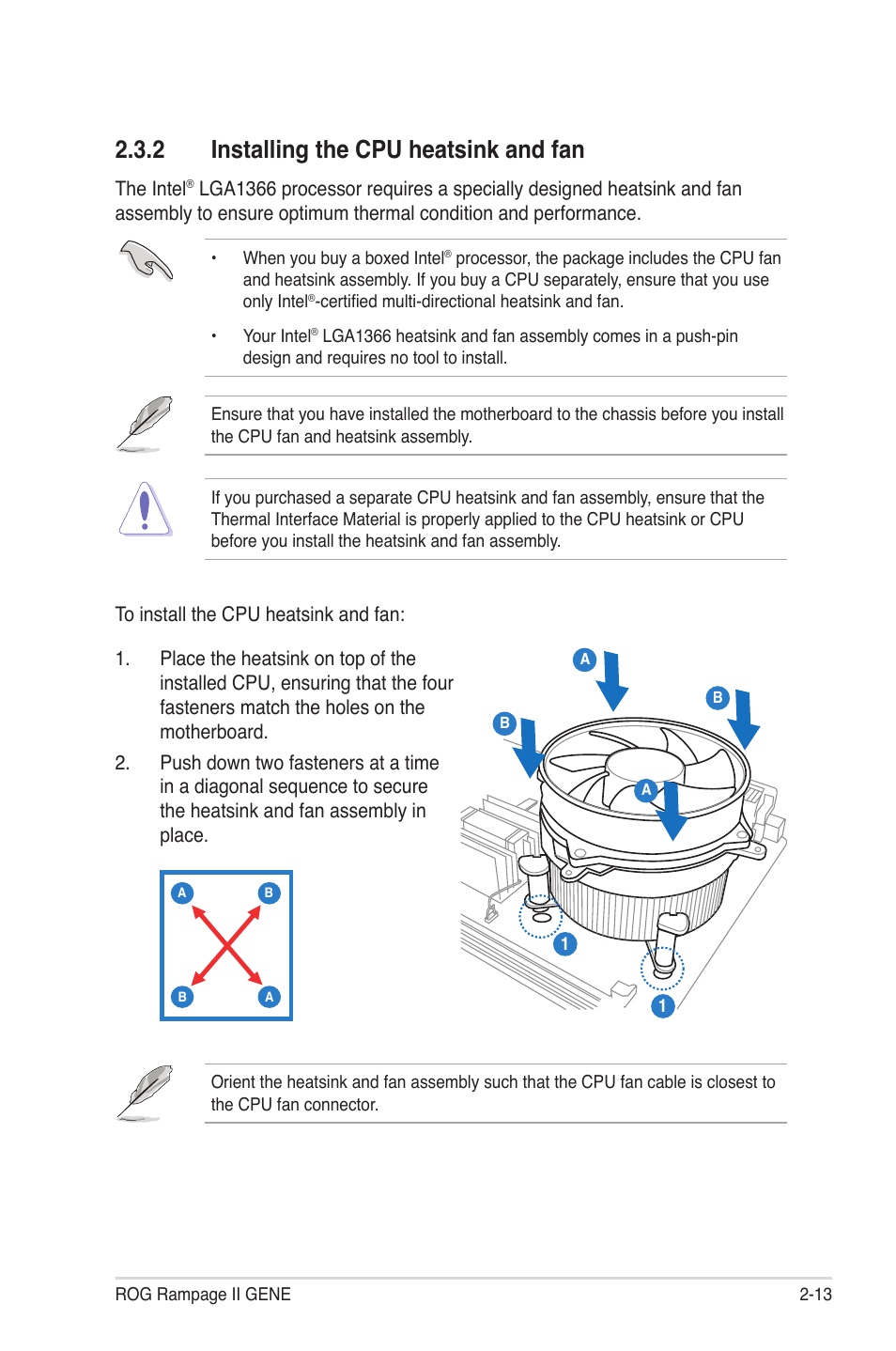2 installing the cpu heatsink and fan, Installing the cpu heatsink and fan -13 | Asus Rampage II Gene User Manual | Page 37 / 176