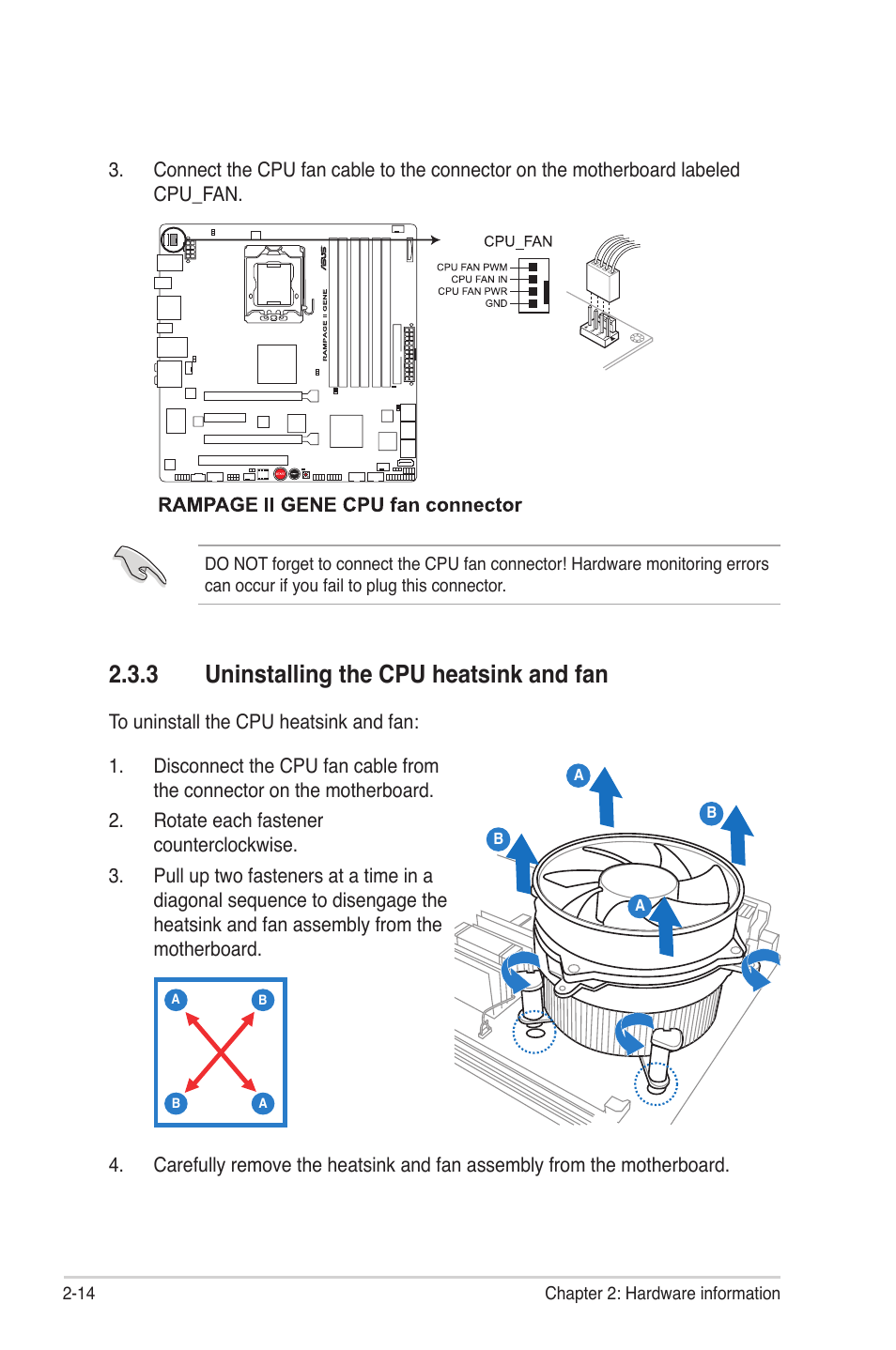 3 uninstalling the cpu heatsink and fan, Uninstalling the cpu heatsink and fan -14 | Asus Rampage II Gene User Manual | Page 38 / 176