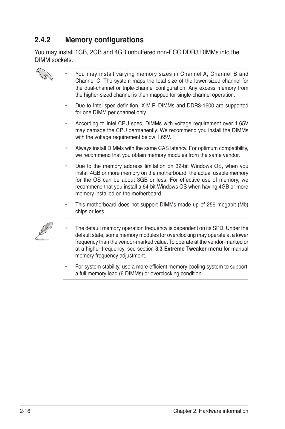 2 memory configurations, Memory configurations -16 | Asus Rampage II Gene User Manual | Page 40 / 176