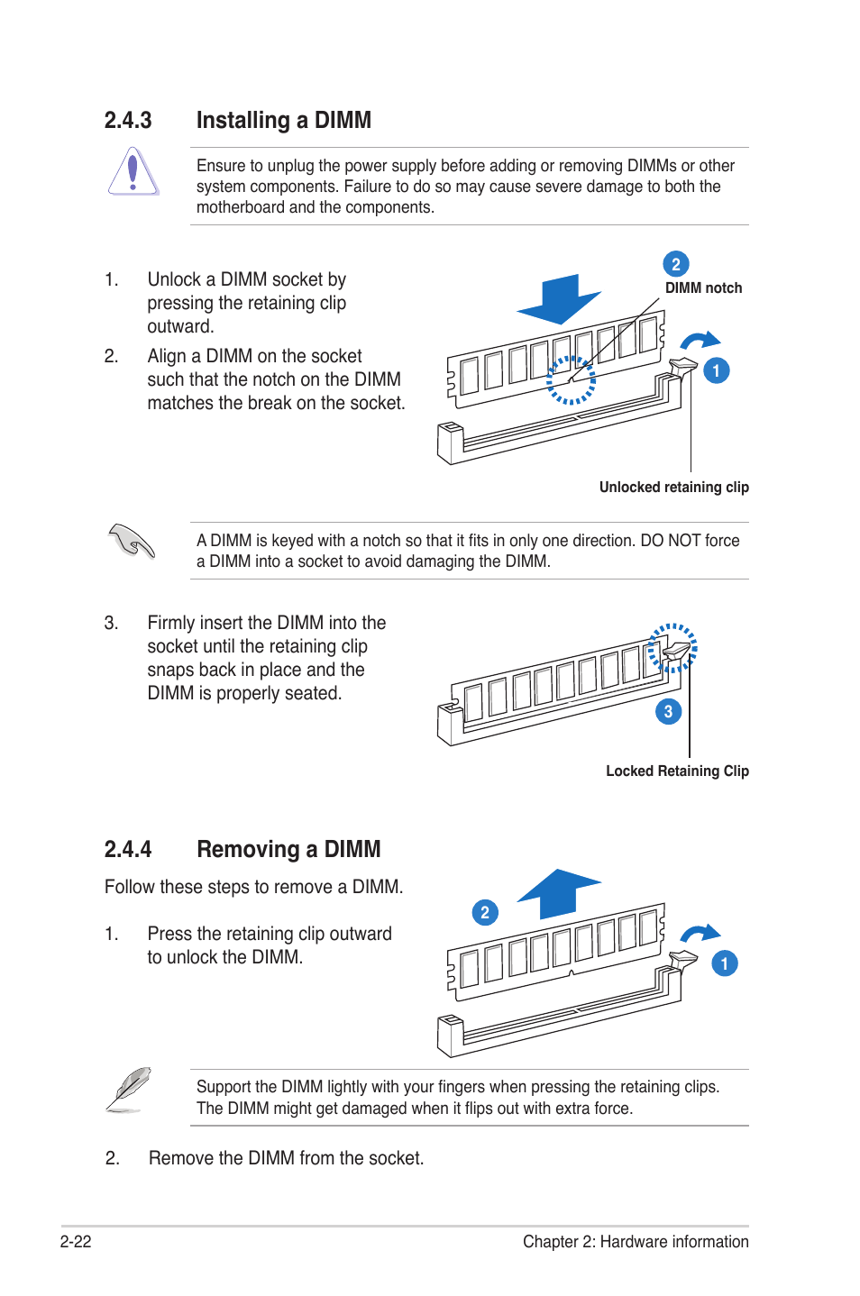 3 installing a dimm, 4 removing a dimm, Installing a dimm -22 | Removing a dimm -22 | Asus Rampage II Gene User Manual | Page 46 / 176