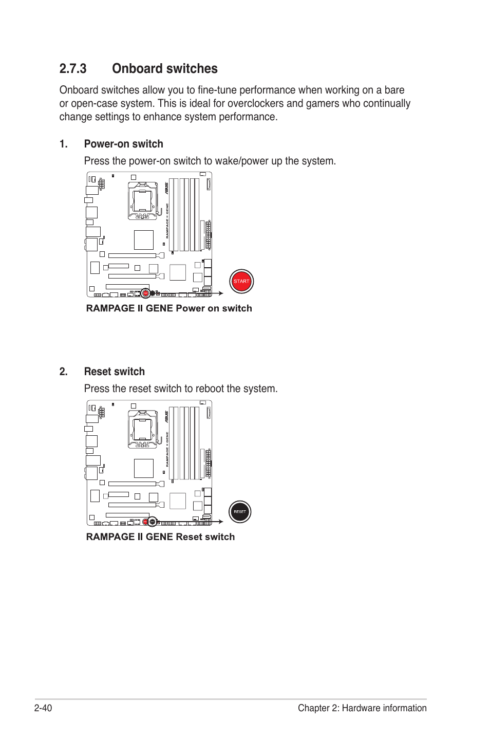 3 onboard switches, Onboard switches -40 | Asus Rampage II Gene User Manual | Page 64 / 176