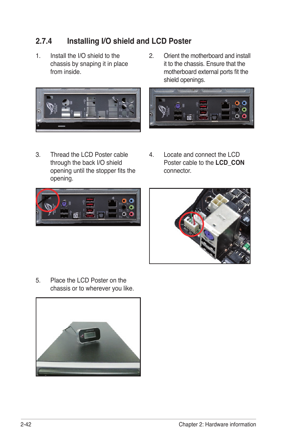 4 installing i/o shield and lcd poster, Installing i/o shield and lcd poster -42 | Asus Rampage II Gene User Manual | Page 66 / 176