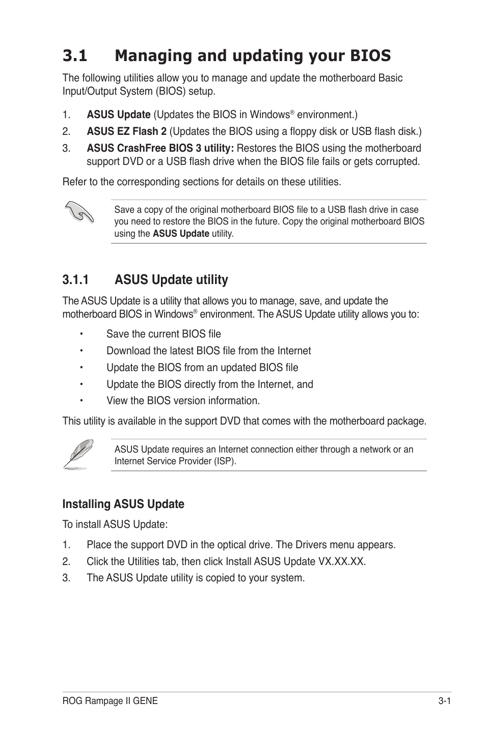 1 managing and updating your bios, 1 asus update utility, Managing and updating your bios -1 3.1.1 | Asus update utility -1 | Asus Rampage II Gene User Manual | Page 71 / 176