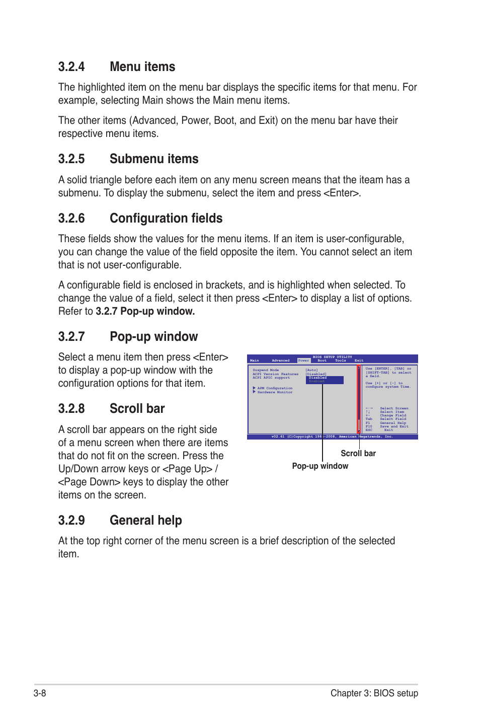 4 menu items, 5 submenu items, 6 configuration fields | 7 pop-up window, 8 scroll bar, 9 general help, Menu items -8, Submenu items -8, Configuration fields -8, Pop-up window -8 | Asus Rampage II Gene User Manual | Page 78 / 176