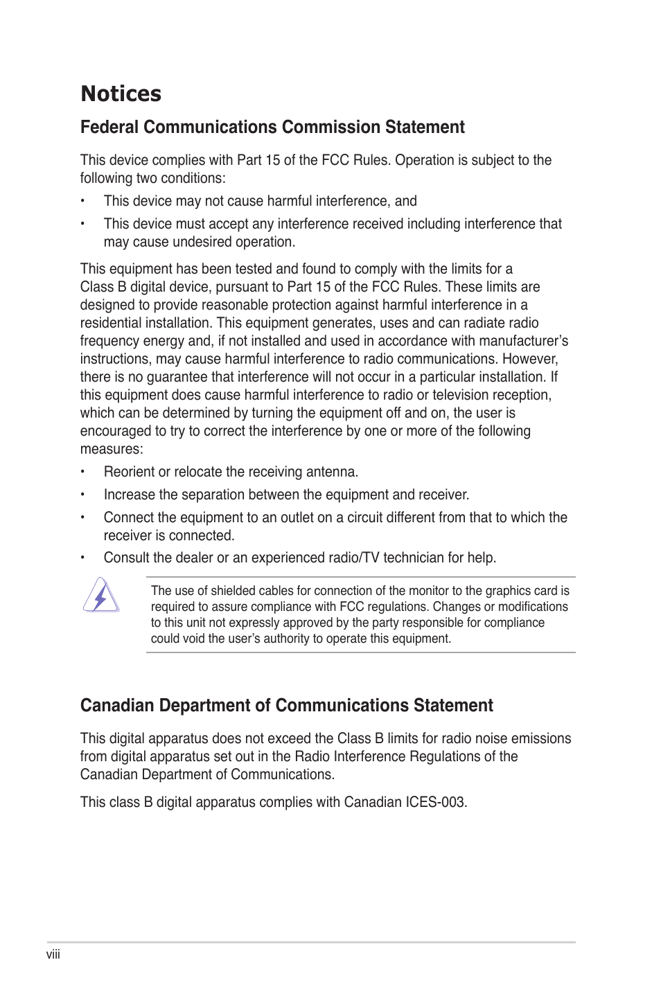 Notices, Federal communications commission statement, Canadian department of communications statement | Asus Rampage II Gene User Manual | Page 8 / 176