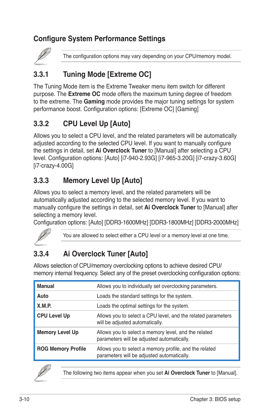 1 tuning mode [extreme oc, 2 cpu level up [auto, 3 memory level up [auto | 4 ai overclock tuner [auto, Tuning mode -10, Cpu level up -10, Memory level up -10, Ai overclock tuner -10, Configure system performance settings | Asus Rampage II Gene User Manual | Page 80 / 176
