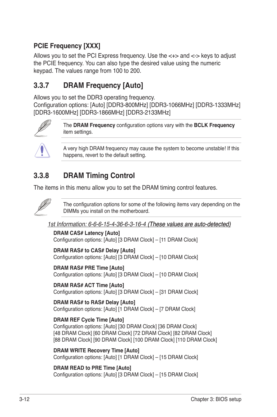 7 dram frequency [auto, 8 dram timing control, Dram frequency -12 | Dram timing control -12, Pcie frequency [xxx | Asus Rampage II Gene User Manual | Page 82 / 176