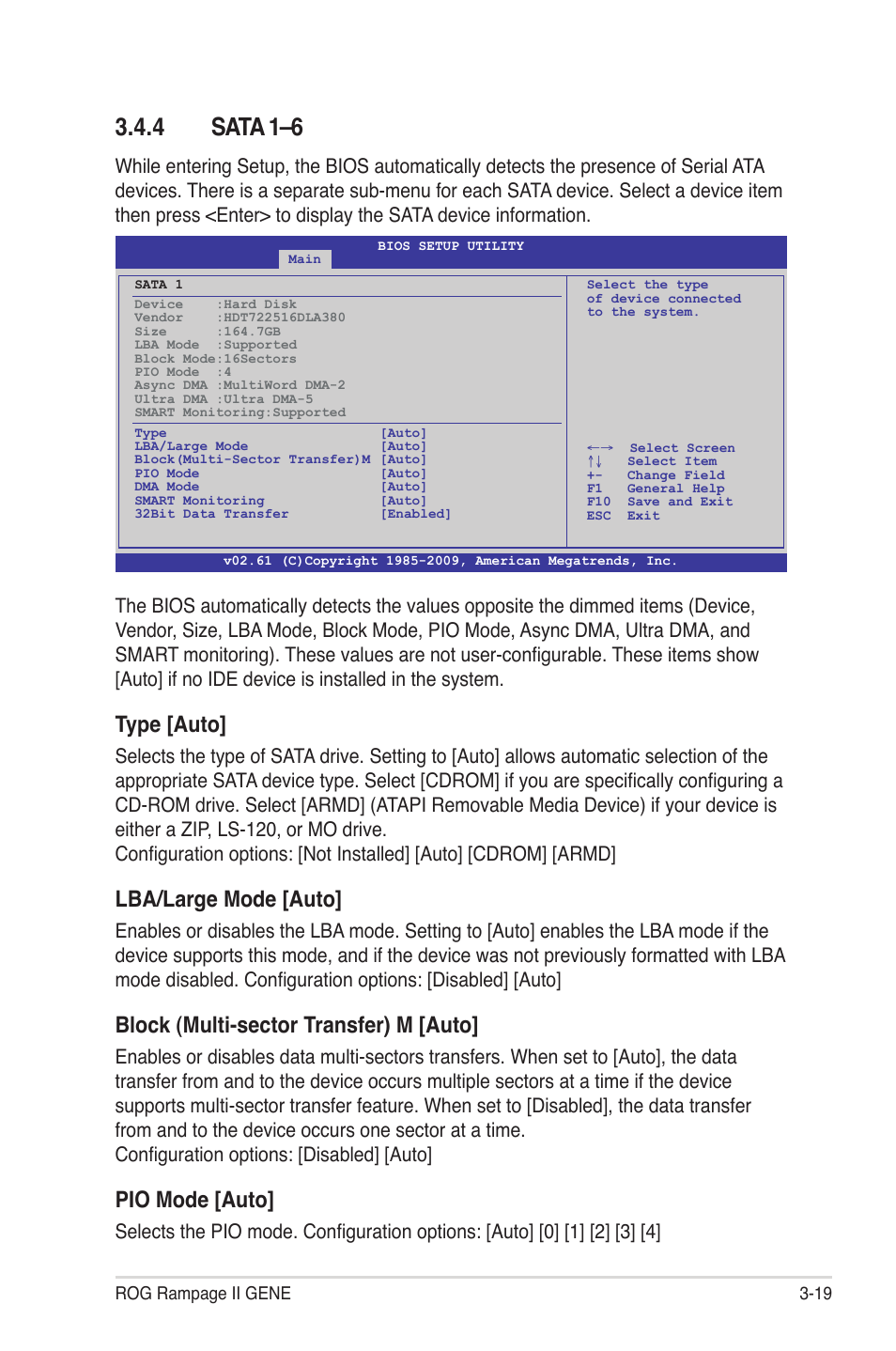 4 sata 1–6, Sata 1–6 -19, Type [auto | Lba/large mode [auto, Block (multi-sector transfer) m [auto, Pio mode [auto | Asus Rampage II Gene User Manual | Page 89 / 176