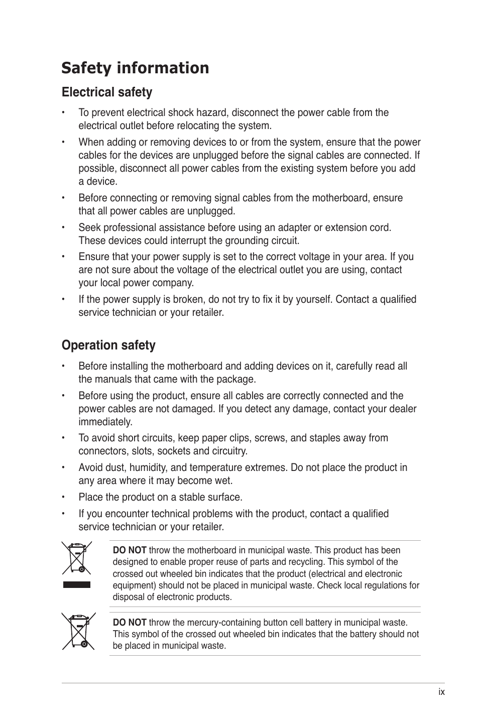 Safety information, Electrical safety, Operation safety | Asus Rampage II Gene User Manual | Page 9 / 176