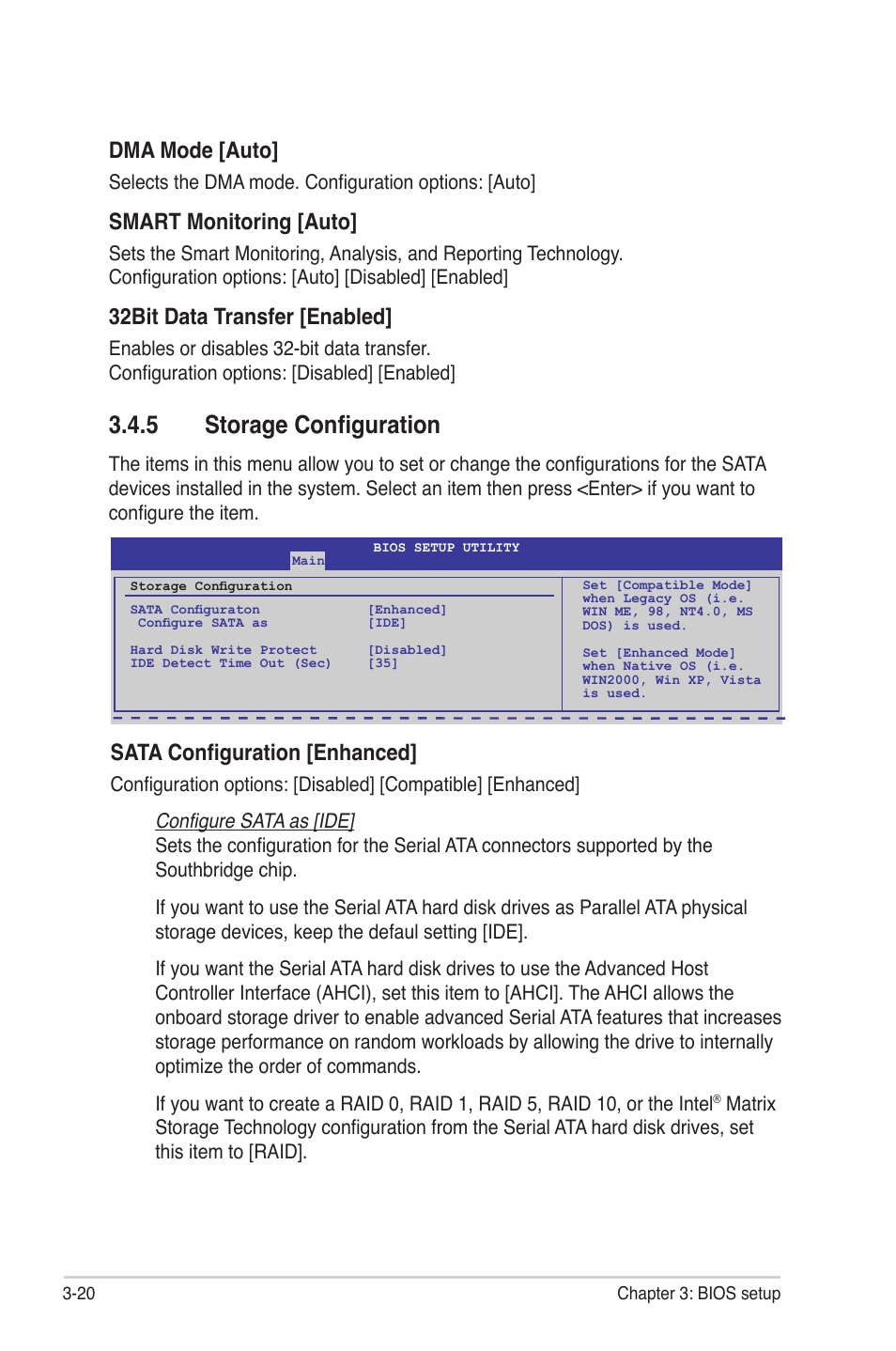 5 storage configuration, Storage configuration -20, Dma mode [auto | Smart monitoring [auto, 32bit data transfer [enabled, Sata configuration [enhanced | Asus Rampage II Gene User Manual | Page 90 / 176