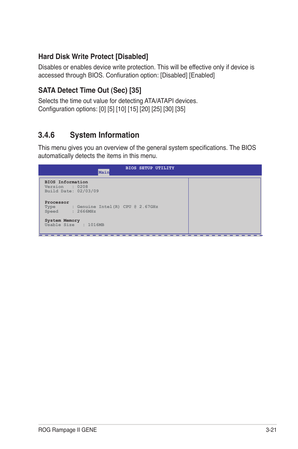 6 system information, System information -21, Hard disk write protect [disabled | Sata detect time out (sec) [35 | Asus Rampage II Gene User Manual | Page 91 / 176