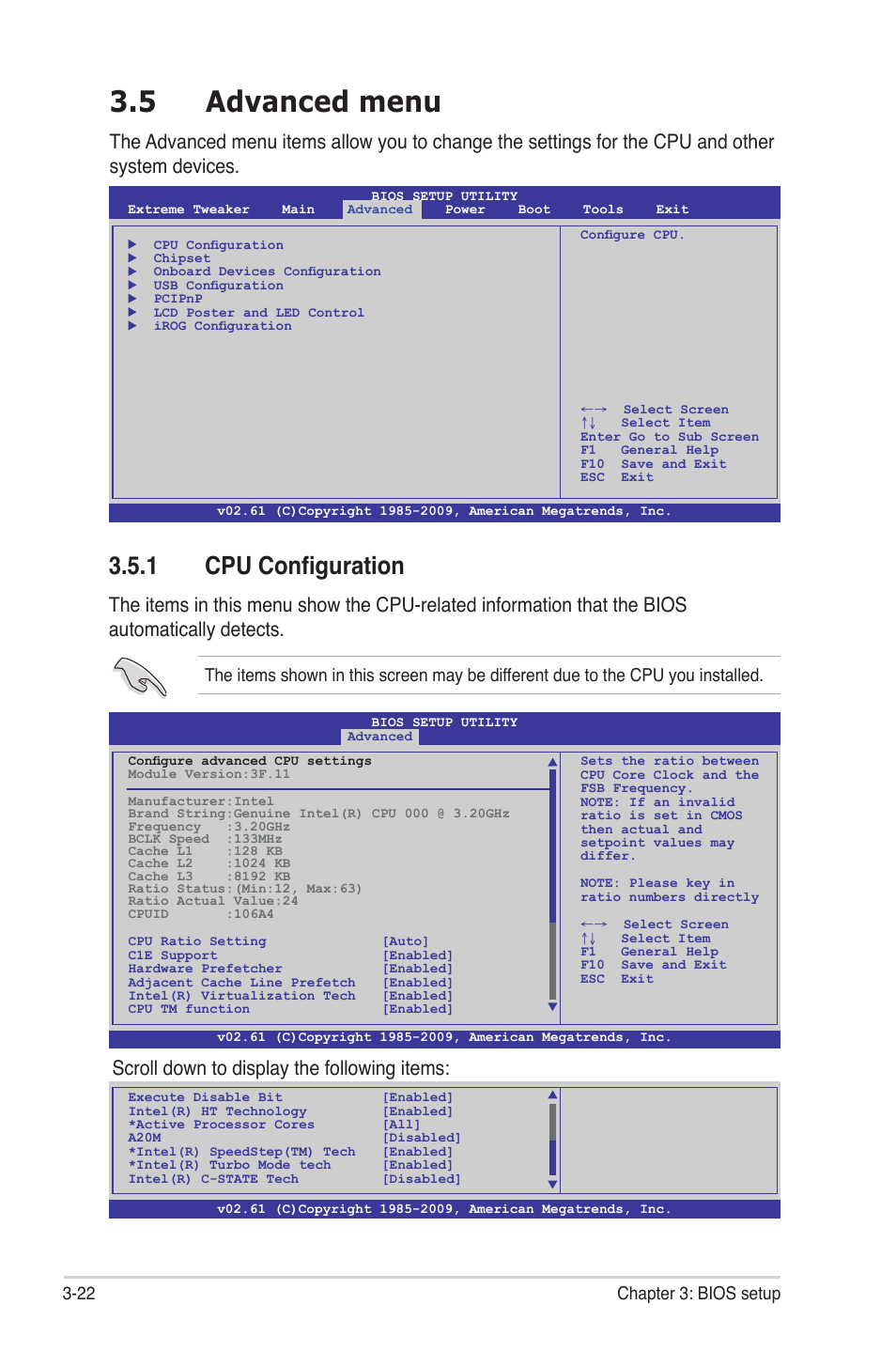 5 advanced menu, 1 cpu configuration, Advanced menu -22 3.5.1 | Cpu configuration -22, Scroll down to display the following items, 22 chapter 3: bios setup | Asus Rampage II Gene User Manual | Page 92 / 176