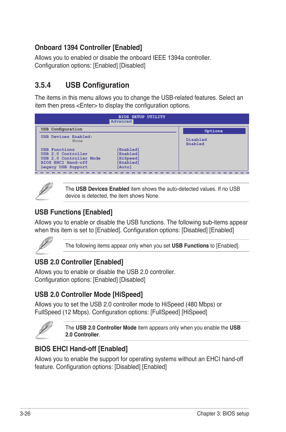 4 usb configuration, Usb configuration -26, Usb functions [enabled | Usb 2.0 controller [enabled, Usb 2.0 controller mode [hispeed, Bios ehci hand-off [enabled, Onboard 1394 controller [enabled | Asus Rampage II Gene User Manual | Page 96 / 176