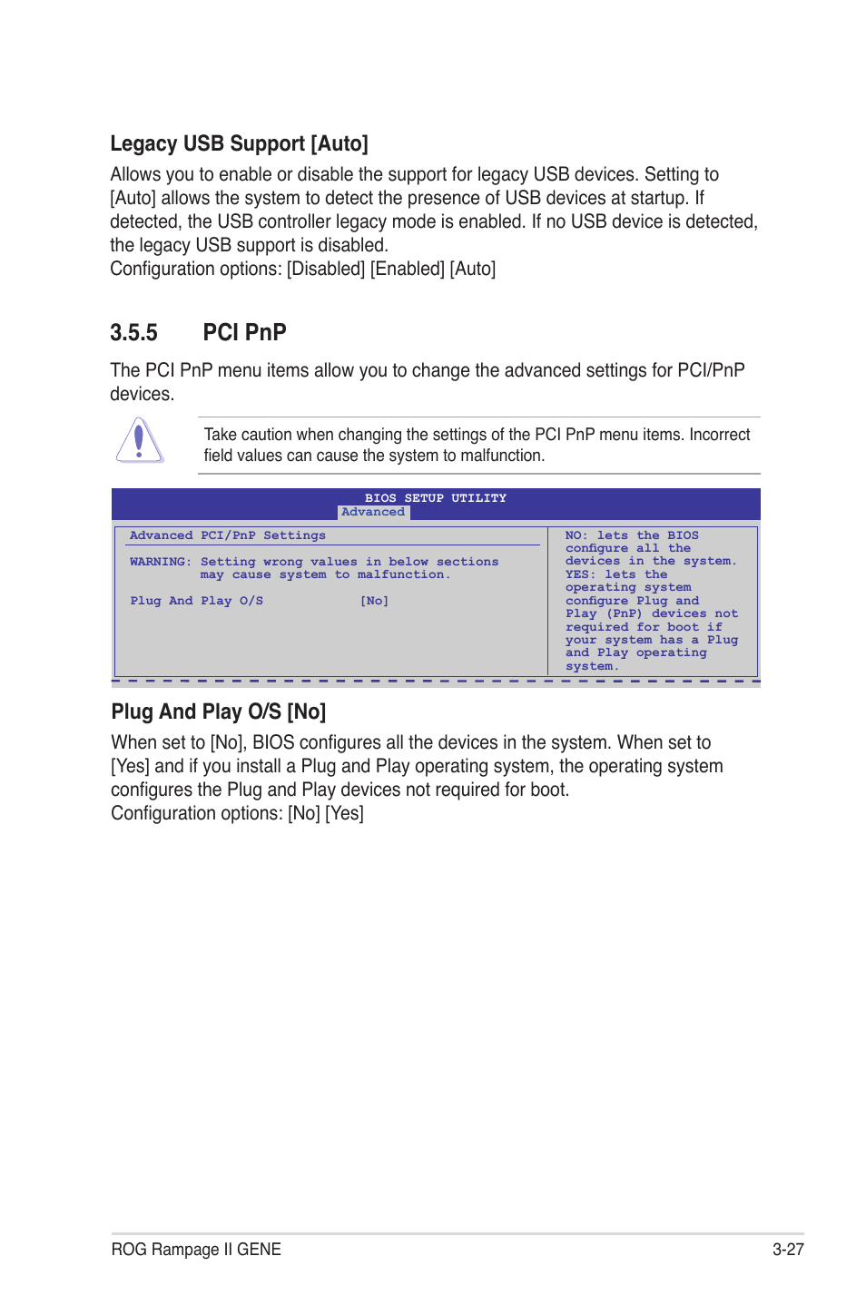 5 pci pnp, Pci pnp -27, Plug and play o/s [no | Legacy usb support [auto | Asus Rampage II Gene User Manual | Page 97 / 176
