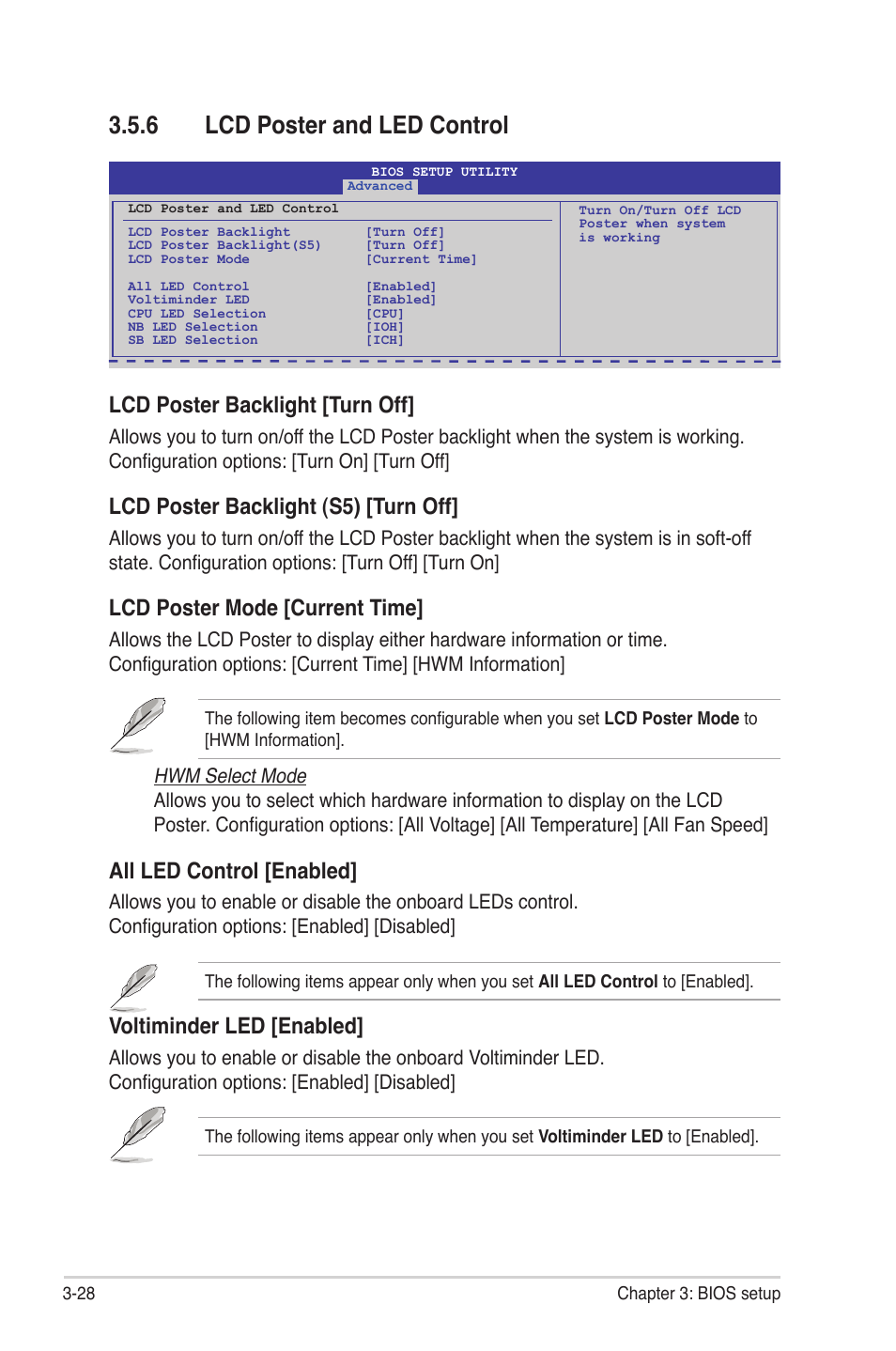 6 lcd poster and led control, Lcd poster and led control -28, Lcd poster backlight [turn off | Lcd poster backlight (s5) [turn off, Lcd poster mode [current time, All led control [enabled, Voltiminder led [enabled | Asus Rampage II Gene User Manual | Page 98 / 176