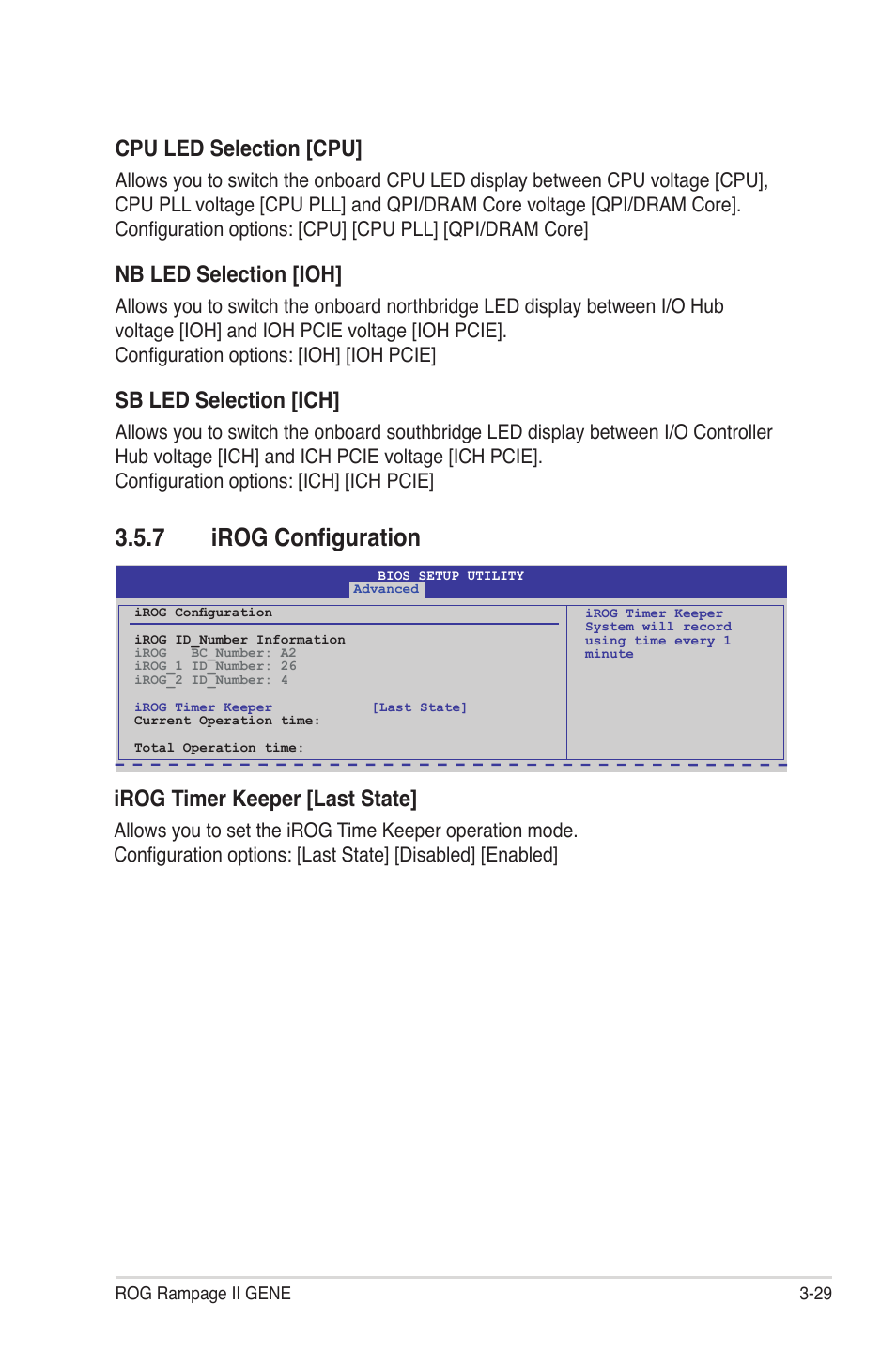 7 irog configuration, Irog configuration -29, Cpu led selection [cpu | Nb led selection [ioh, Sb led selection [ich, Irog timer keeper [last state | Asus Rampage II Gene User Manual | Page 99 / 176