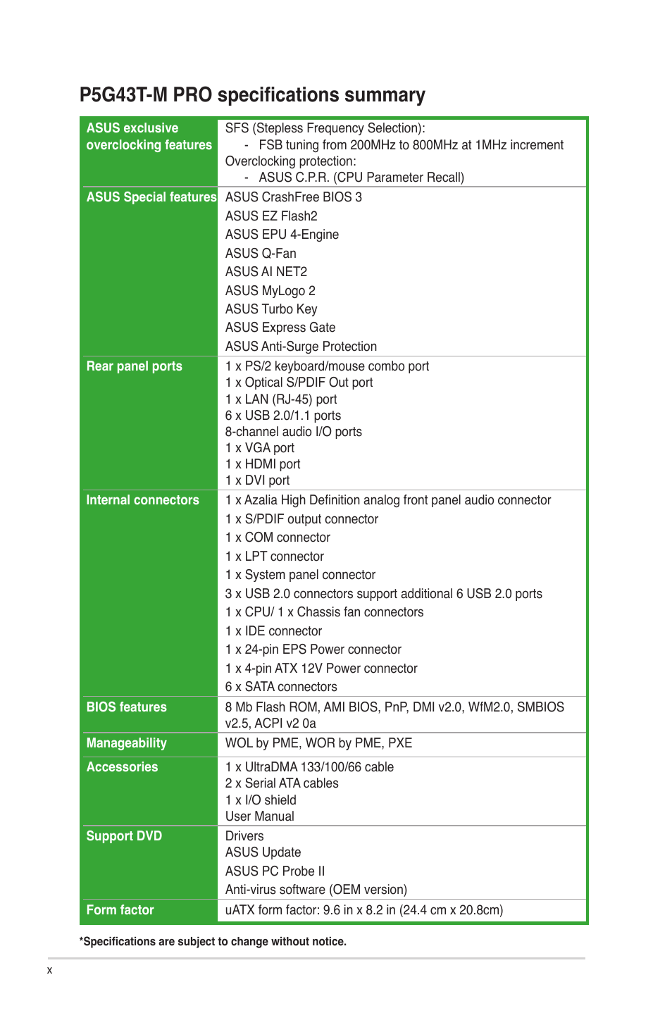 P5g43t-m pro specifications summary | Asus P5G43T-M PRO User Manual | Page 10 / 60