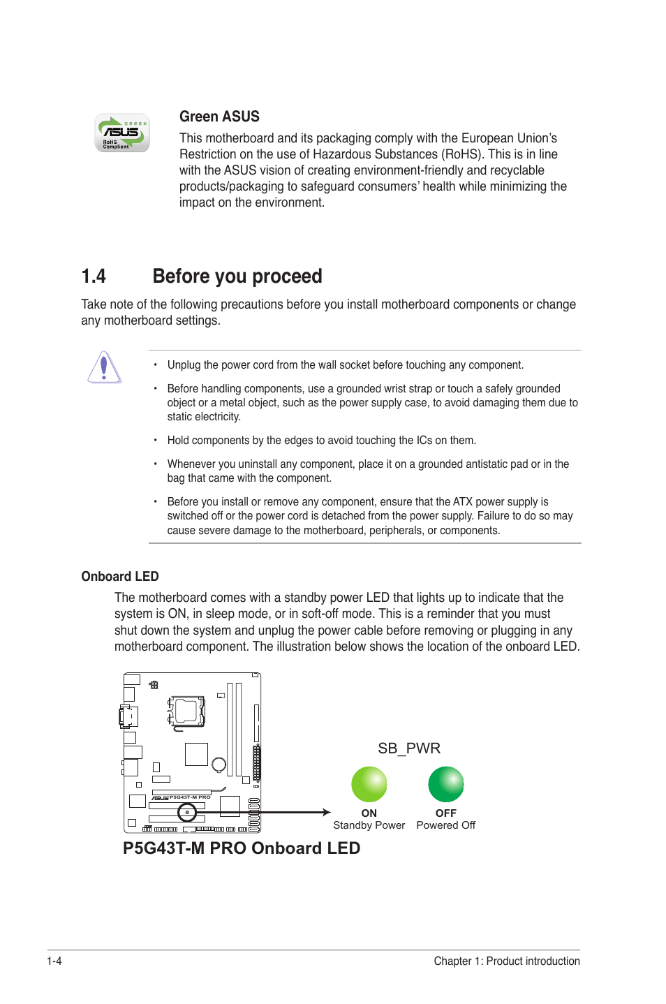 4 before you proceed, Before you proceed -4, P5g43t-m pro onboard led | Asus P5G43T-M PRO User Manual | Page 14 / 60