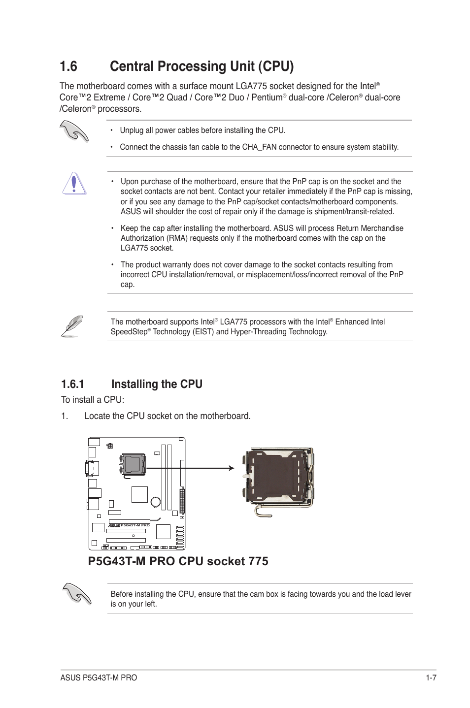 6 central processing unit (cpu), 1 installing the cpu, Central processing unit (cpu) -7 1.6.1 | Installing the cpu -7 | Asus P5G43T-M PRO User Manual | Page 17 / 60