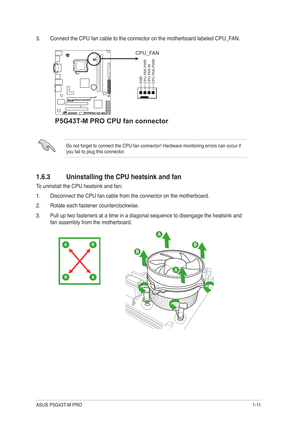 3 uninstalling the cpu heatsink and fan, Uninstalling the cpu heatsink and fan -11, P5g43t-m pro cpu fan connector | Asus P5G43T-M PRO User Manual | Page 21 / 60