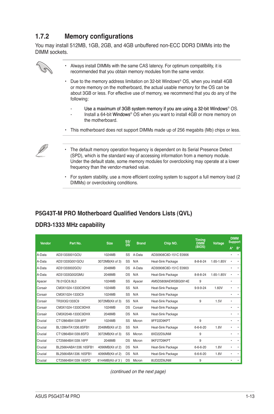 2 memory configurations, Memory configurations -13, Continued on the next page) | Asus P5G43T-M PRO User Manual | Page 23 / 60