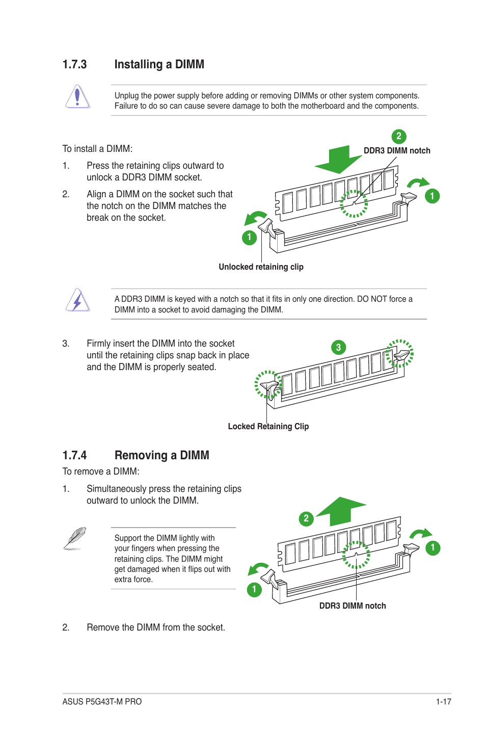 3 installing a dimm, 4 removing a dimm, Installing a dimm -17 | Removing a dimm -17 | Asus P5G43T-M PRO User Manual | Page 27 / 60