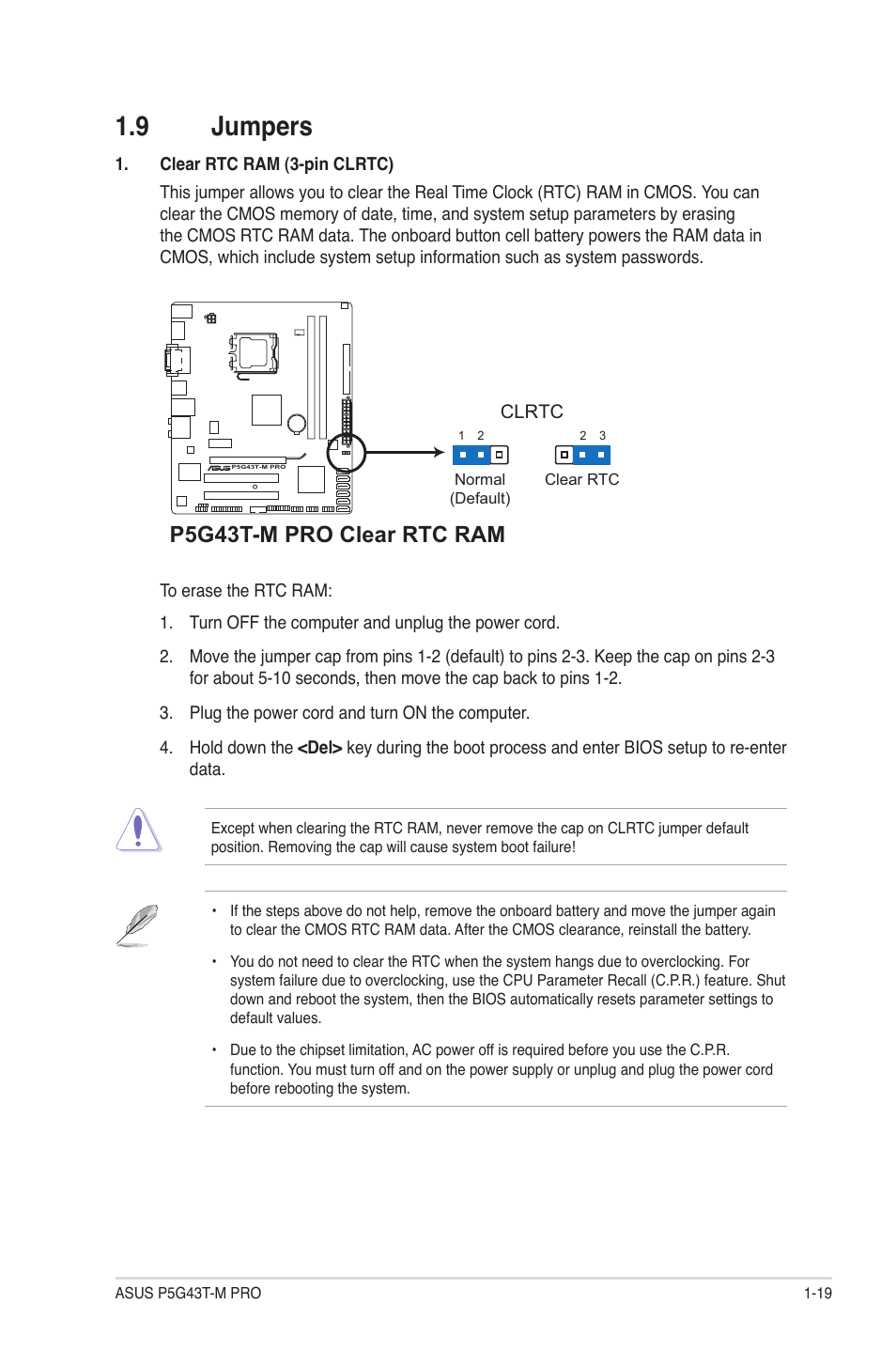 9 jumpers, Jumpers -19, P5g43t-m pro clear rtc ram | Asus P5G43T-M PRO User Manual | Page 29 / 60