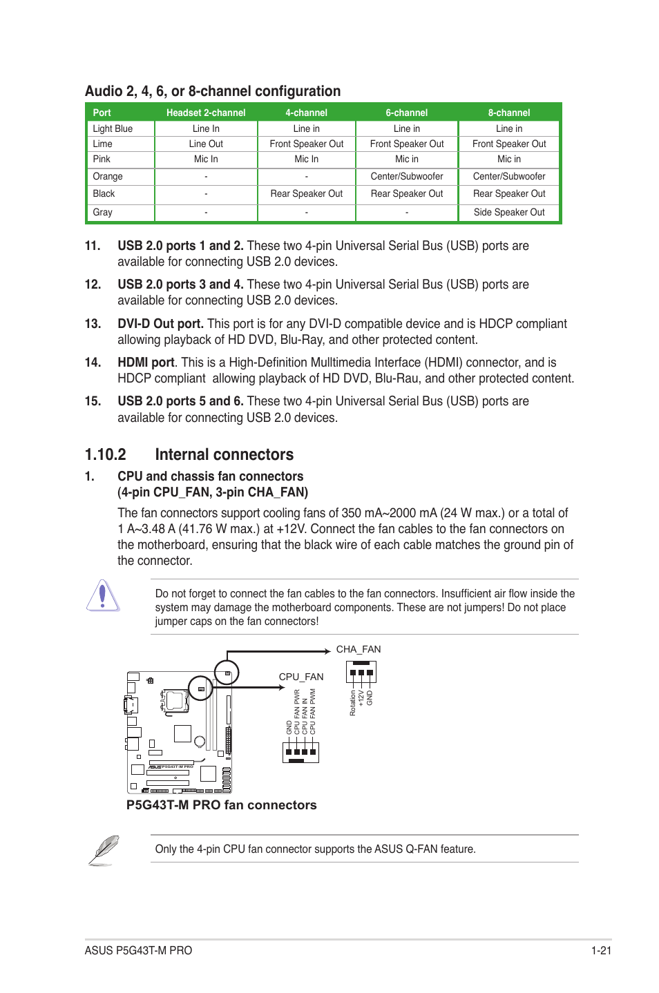 2 internal connectors, 2 internal connectors -21, Audio 2, 4, 6, or 8-channel configuration | Asus P5G43T-M PRO User Manual | Page 31 / 60